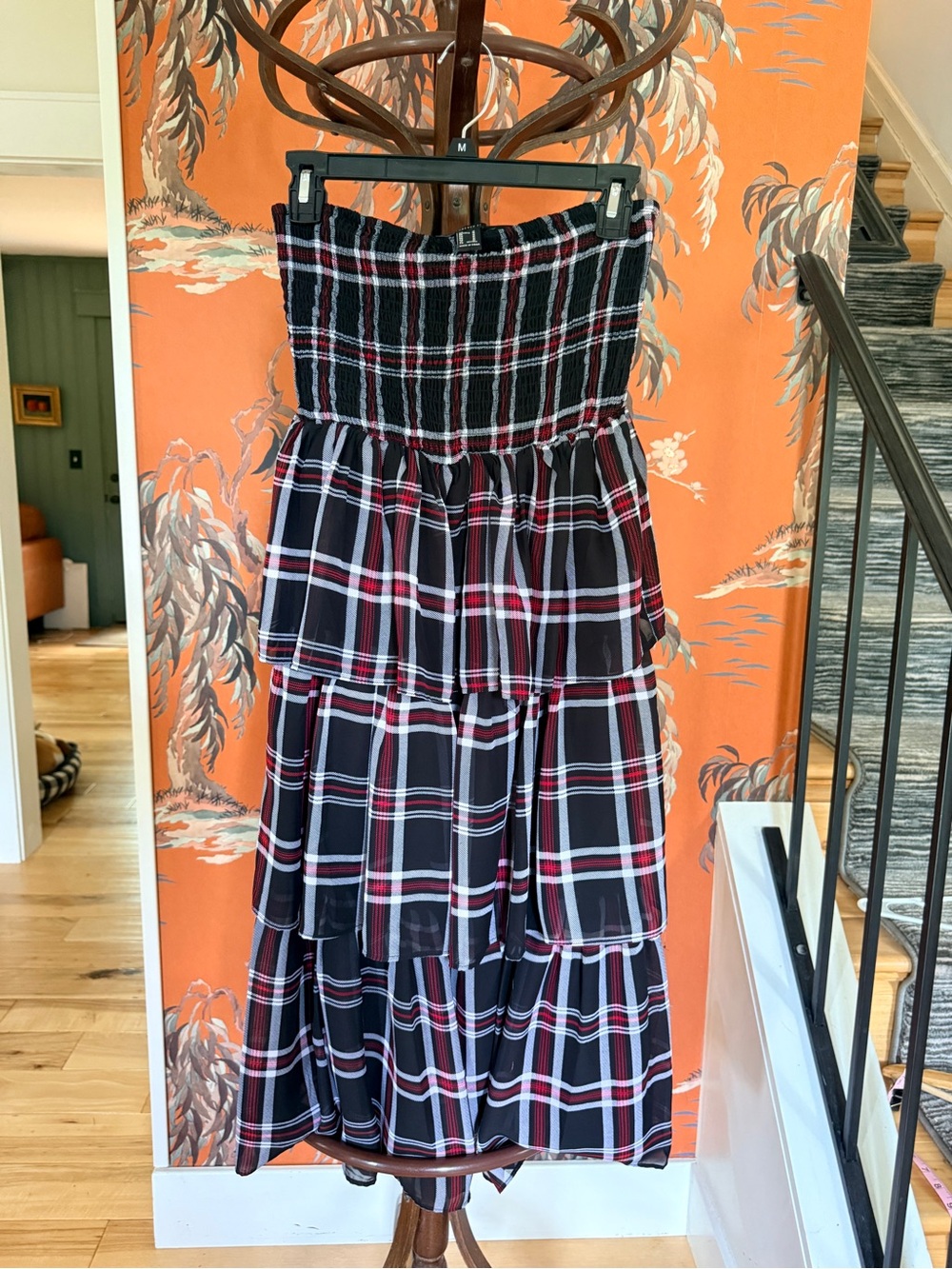 Forever 21 Black Red White Plaid Tiered Maxi Skirt